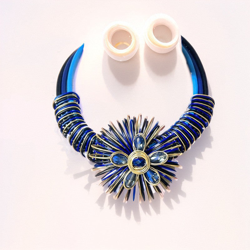 Boho Blue Wire Flower Necklace & Earring Set
