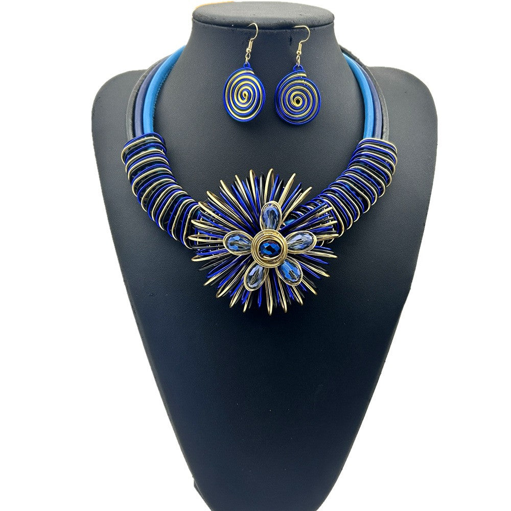 Boho Blue Wire Flower Necklace & Earring Set