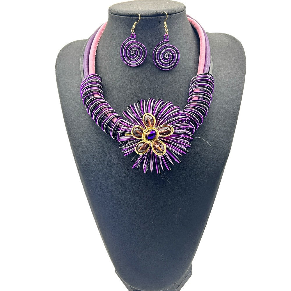 Boho Blue Wire Flower Necklace & Earring Set