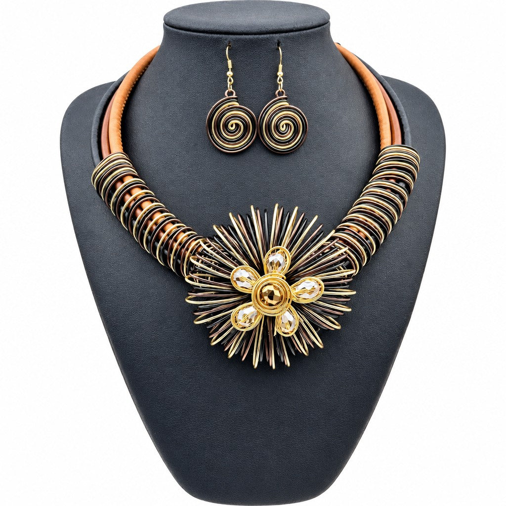 Boho Blue Wire Flower Necklace & Earring Set