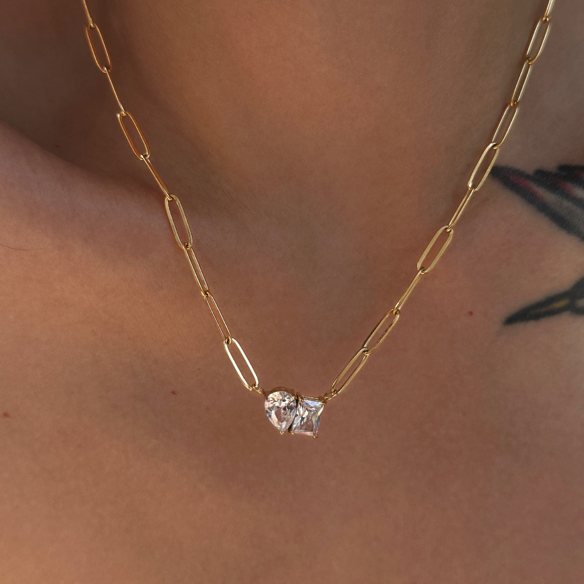 Dainty Geometric Pear & Square Paperclip Necklace