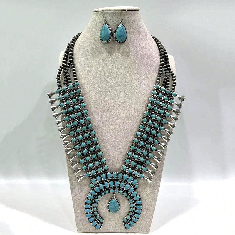 Boho Turquoise Squash Blossom Necklace & Earring Set