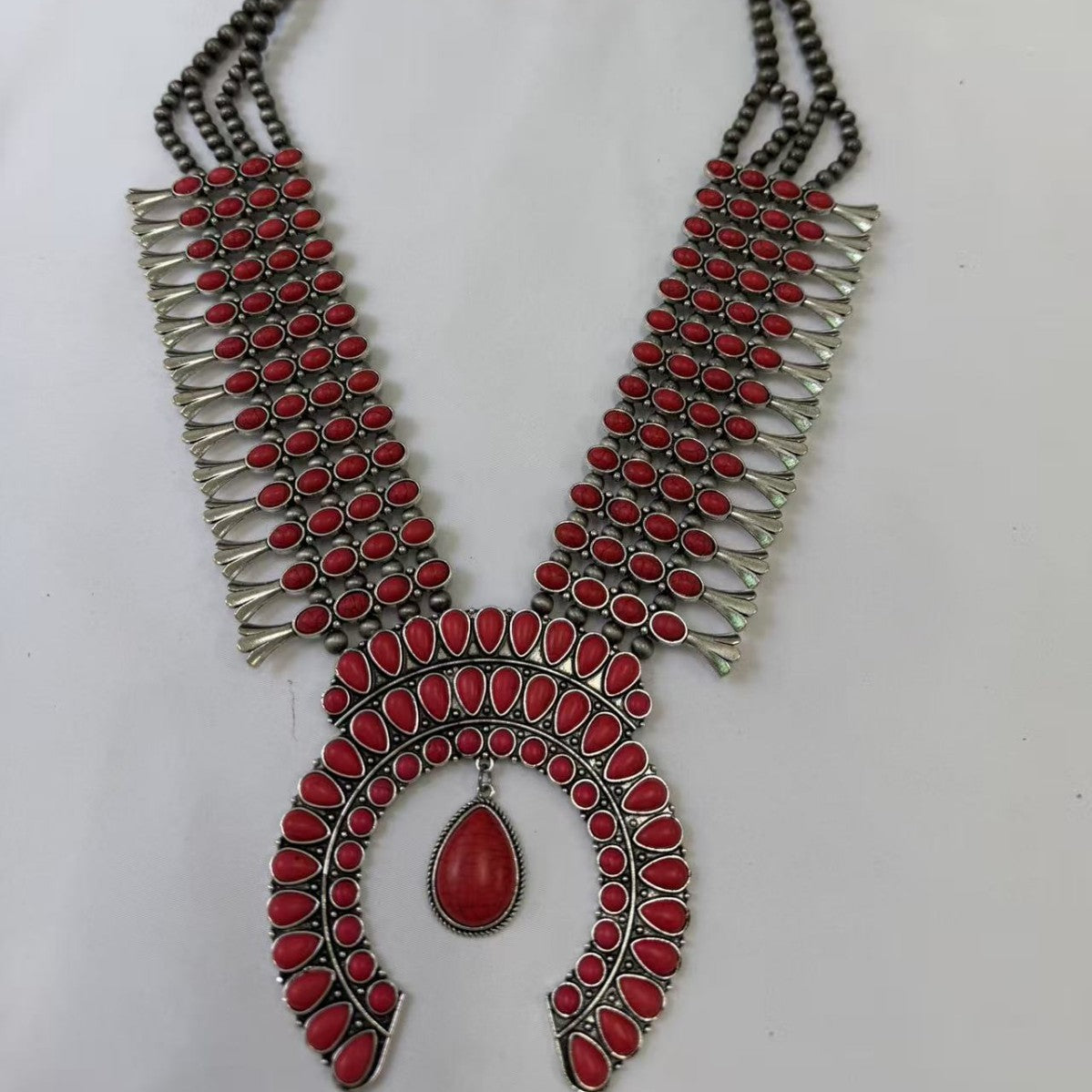 Boho Turquoise Squash Blossom Necklace & Earring Set