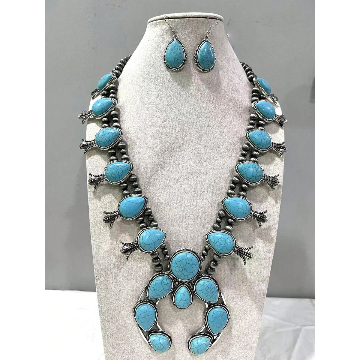 Boho Faux Turquoise Squash Blossom Necklace & Earring Set