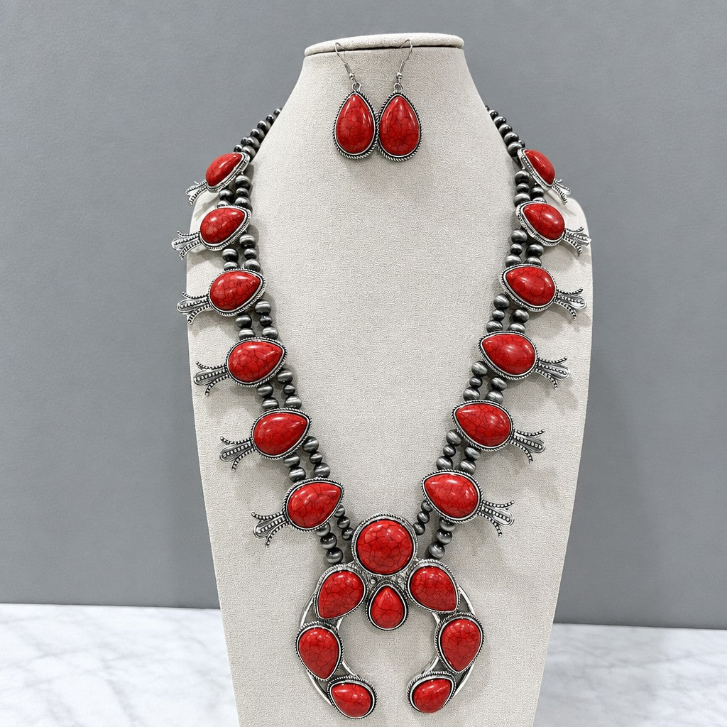 Boho Faux Turquoise Squash Blossom Necklace & Earring Set