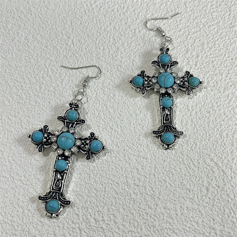 Boho Vintage Turquoise Cross Necklace & Earring Set