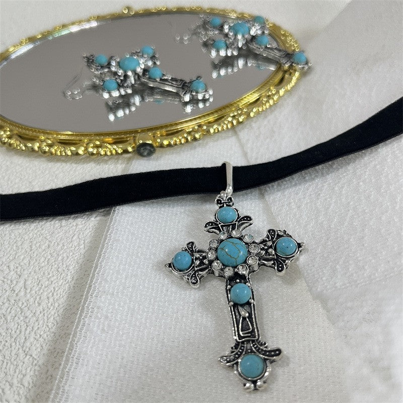 Boho Vintage Turquoise Cross Necklace & Earring Set