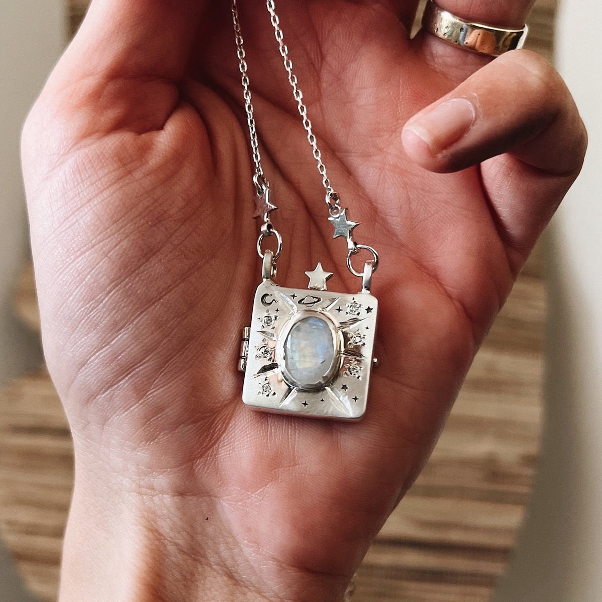 Vintage Celestial Moonstone Square Locket Necklace