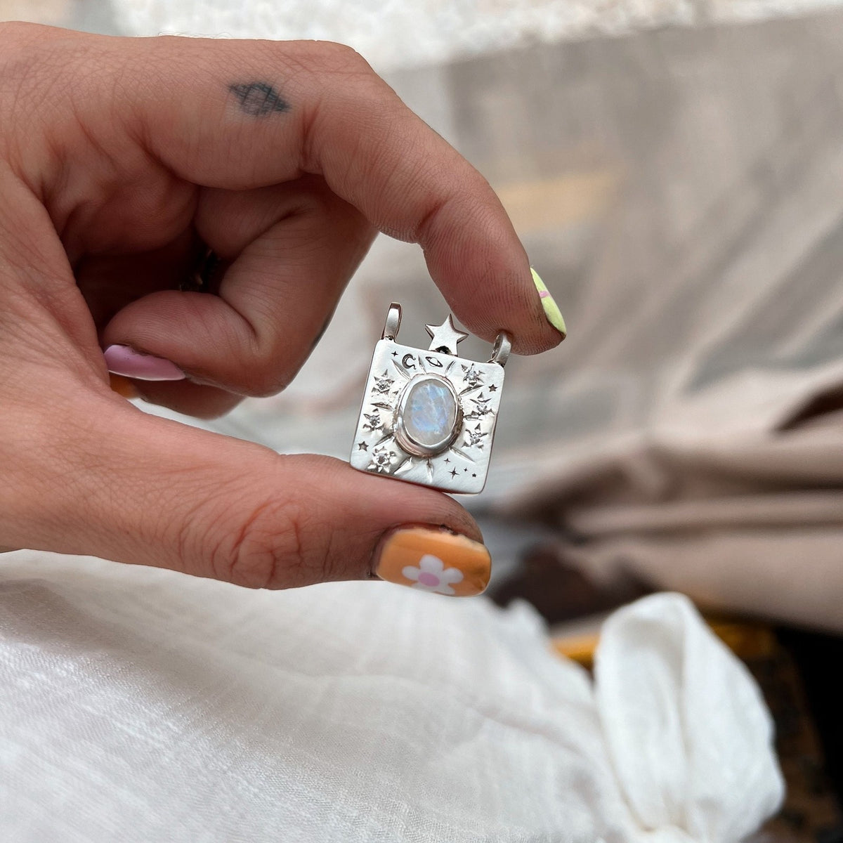 Vintage Celestial Moonstone Square Locket Necklace
