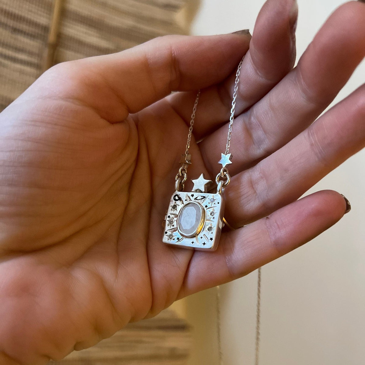 Vintage Celestial Moonstone Square Locket Necklace