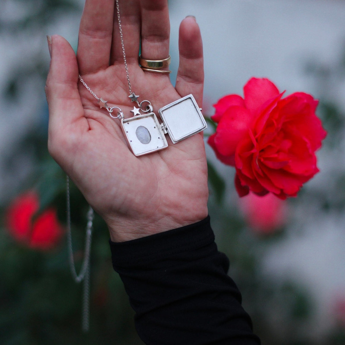 Vintage Celestial Moonstone Square Locket Necklace