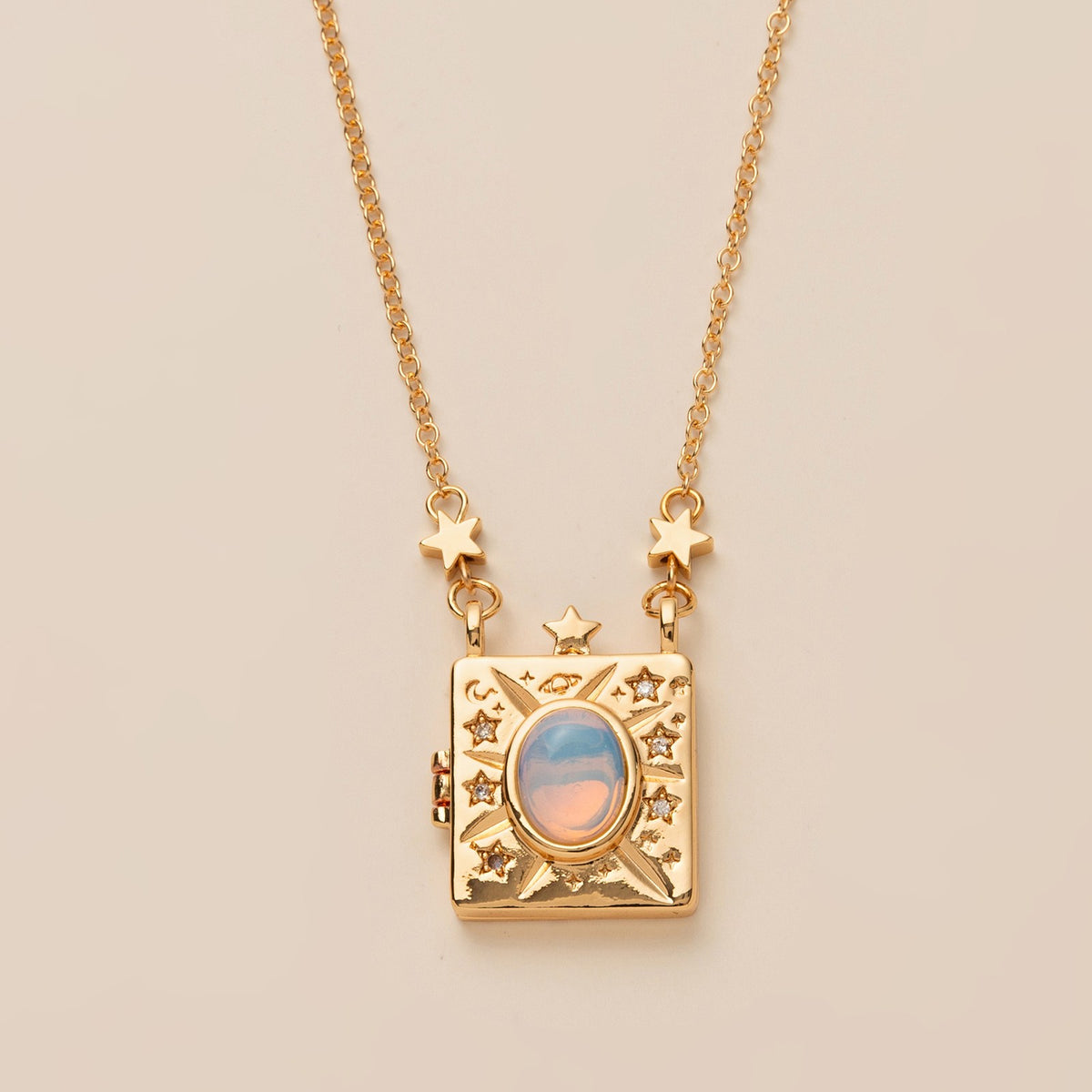 Vintage Celestial Moonstone Square Locket Necklace