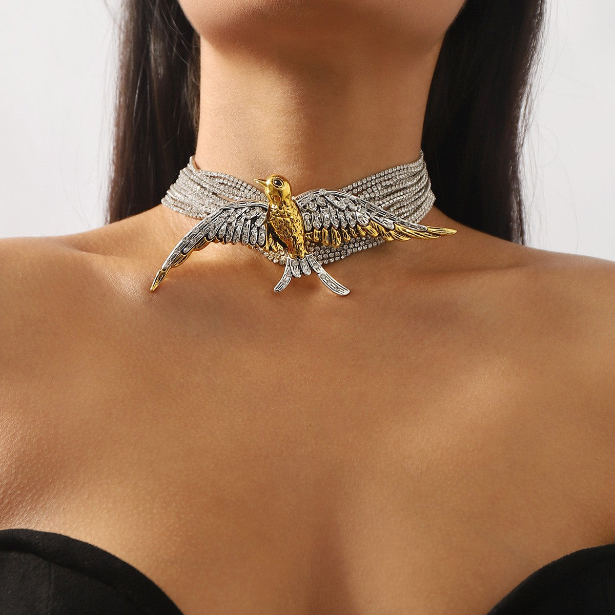 Elegant Multi-Strand Crystal Bird Choker