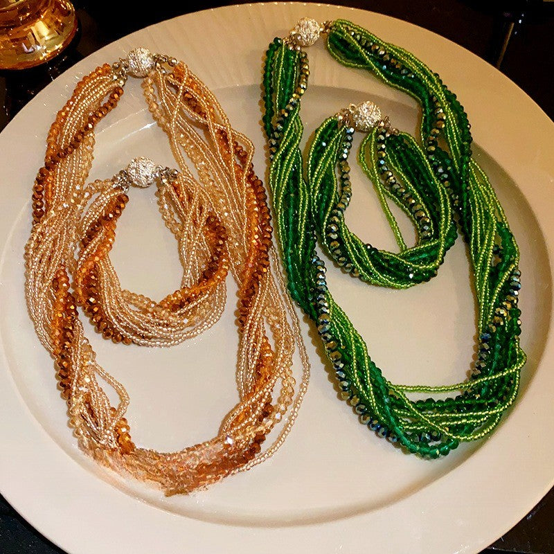 Boho Multi-Strand Twisted Crystal Necklace & Earring Set