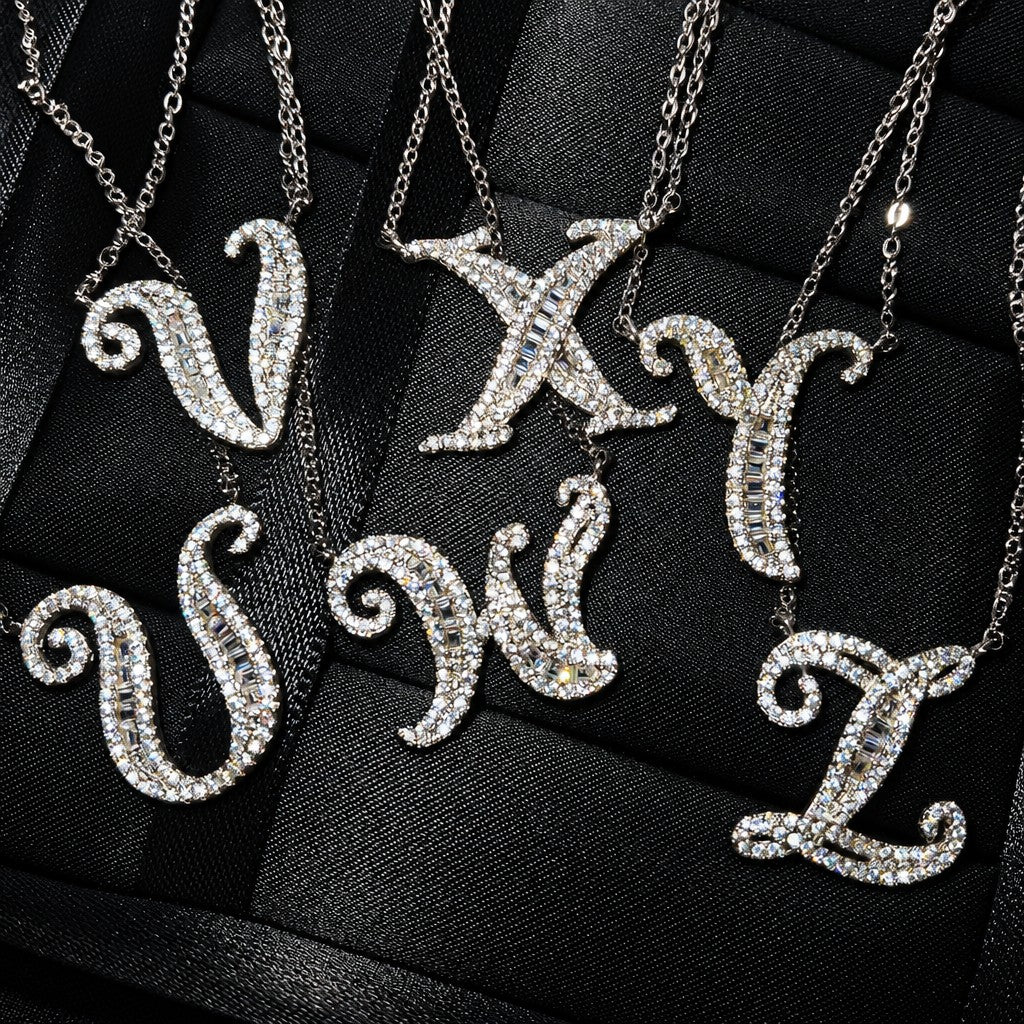 Classy Baguette Rhinestone Cursive Initial Necklace