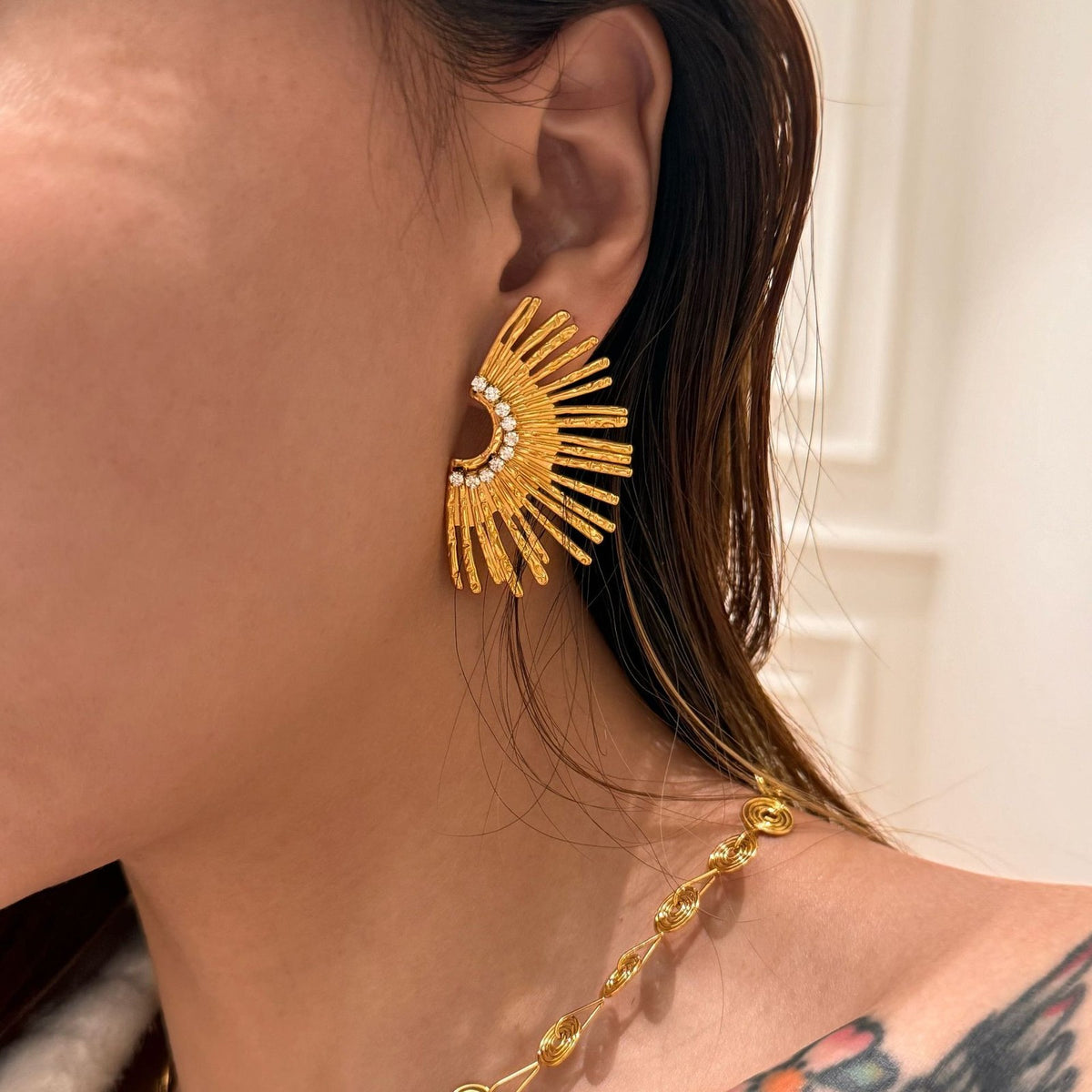 18k Boho Textured Sunburst Hoop Earrings