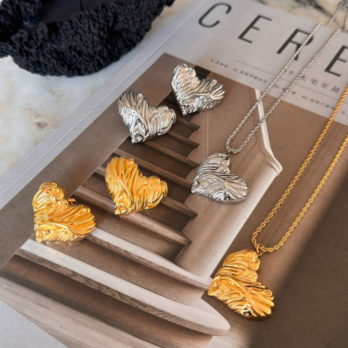 Vintage Textured Heart Necklace and Earring Set