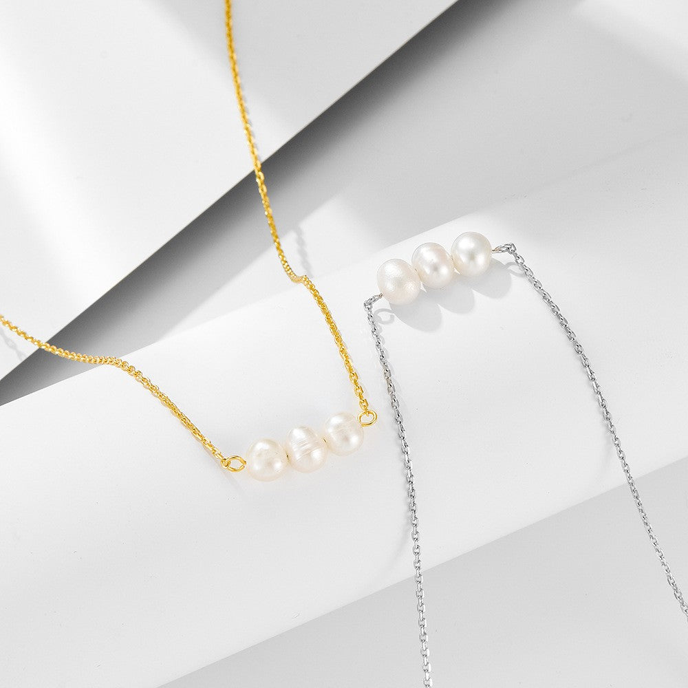 S925 Dainty Triple Pearl Bar Necklace