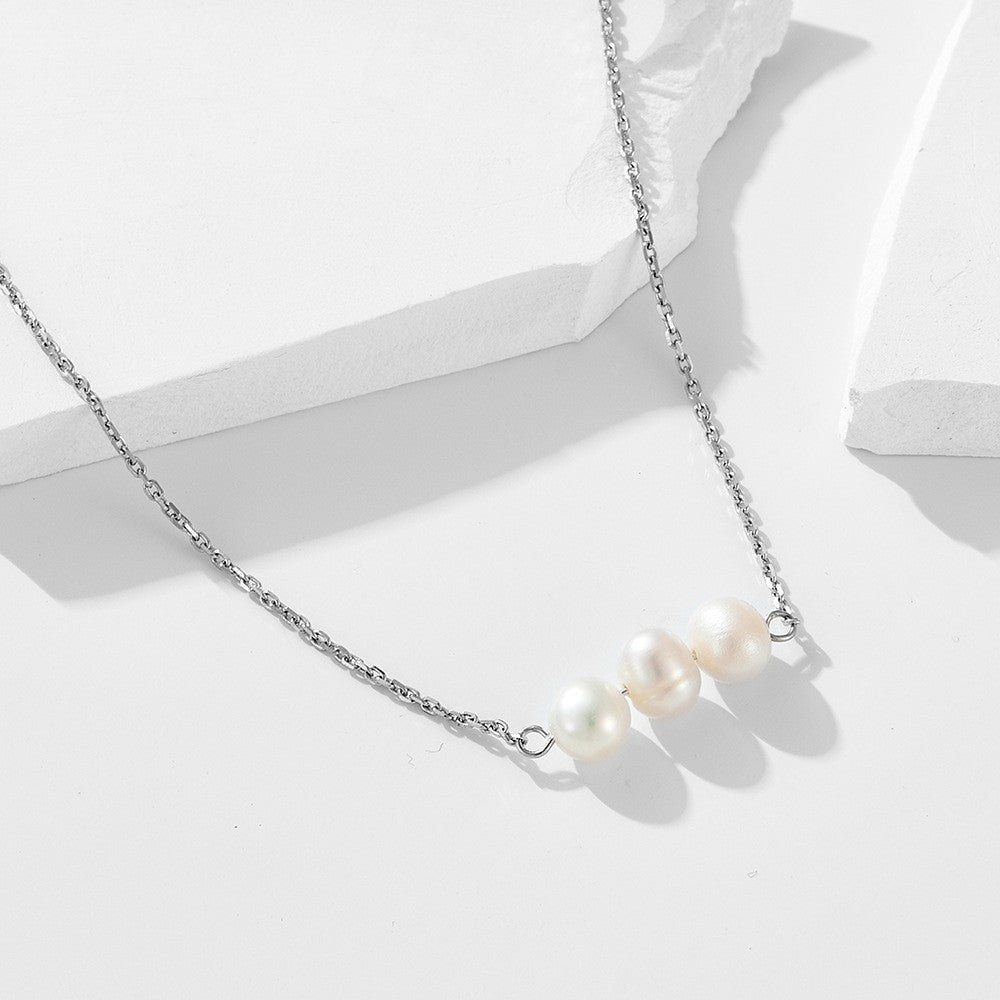 S925 Dainty Triple Pearl Bar Necklace