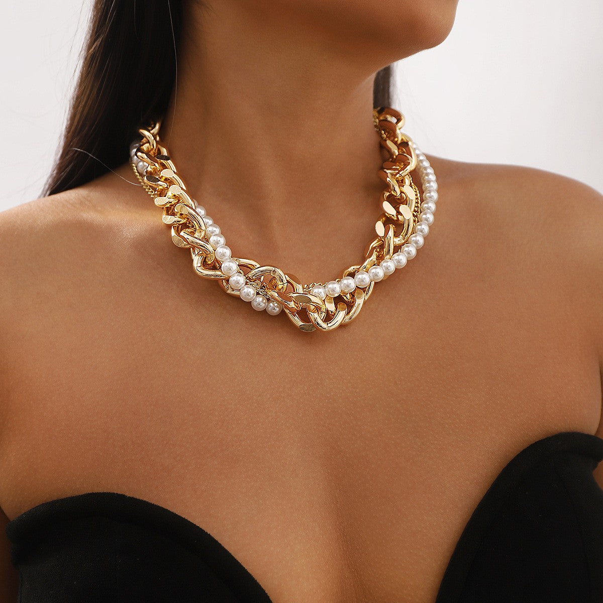 Vintage Chunky Link Faux Pearl Necklace