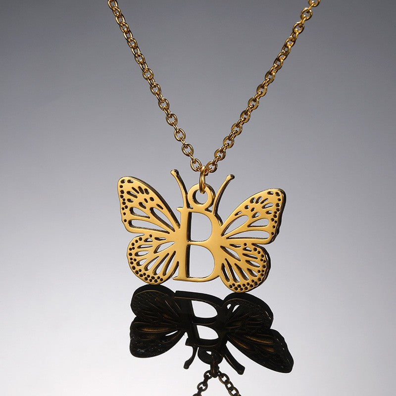 Dainty Hollow Butterfly Initial Necklace