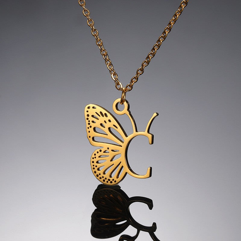 Dainty Hollow Butterfly Initial Necklace