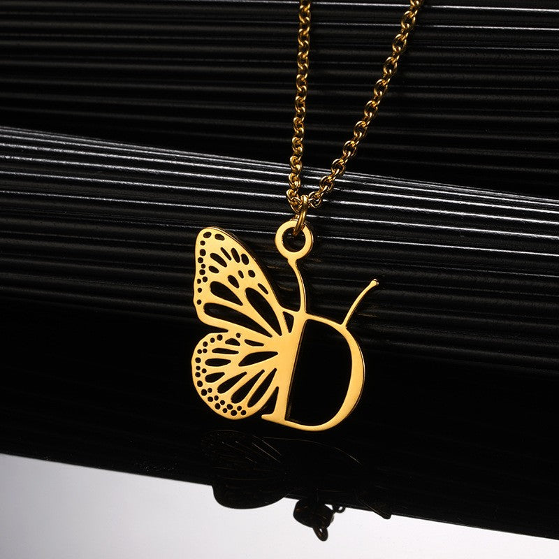 Dainty Hollow Butterfly Initial Necklace