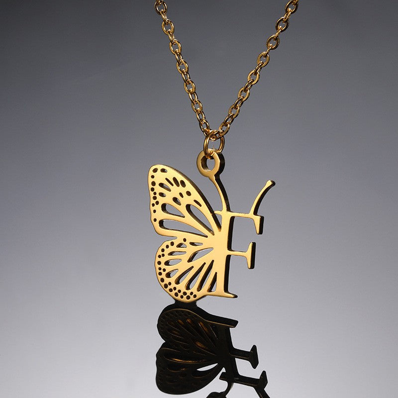 Dainty Hollow Butterfly Initial Necklace
