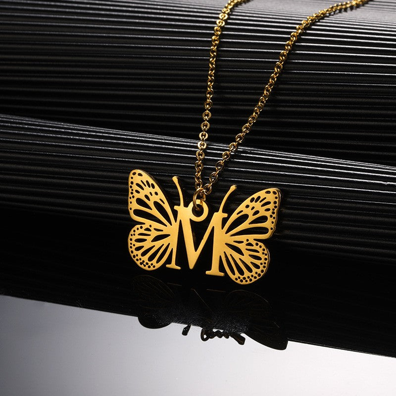 Dainty Hollow Butterfly Initial Necklace