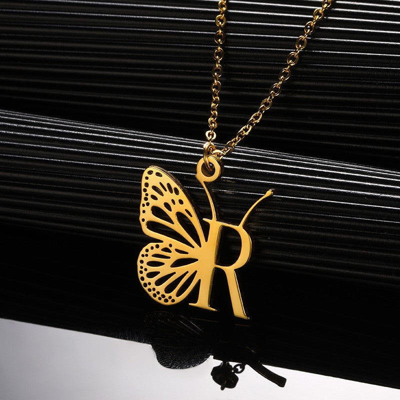 Dainty Hollow Butterfly Initial Necklace