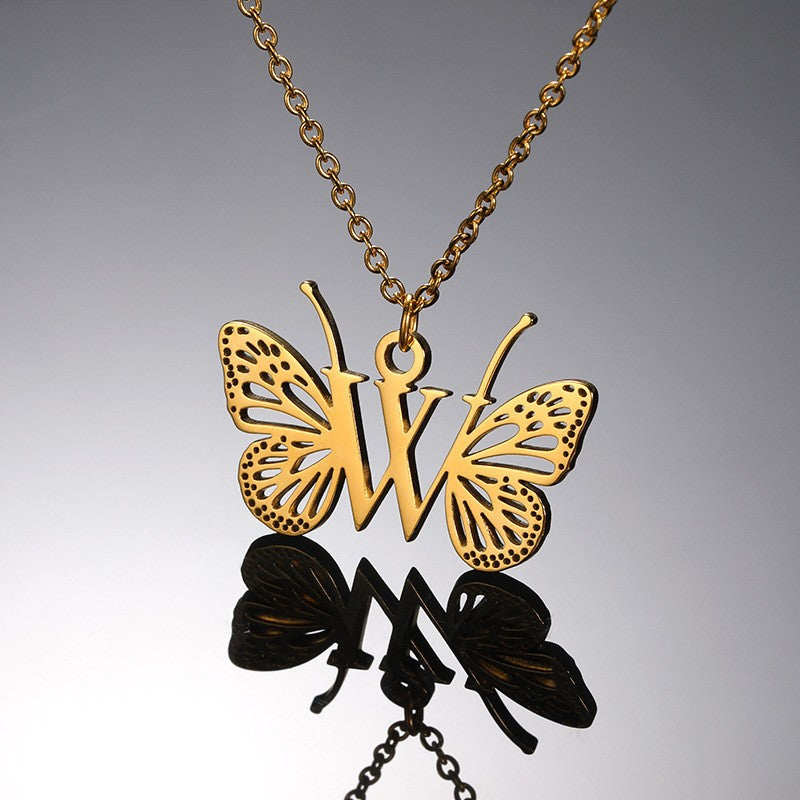 Dainty Hollow Butterfly Initial Necklace