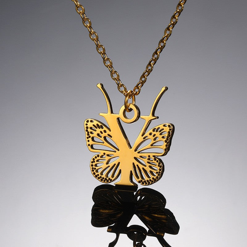 Dainty Hollow Butterfly Initial Necklace