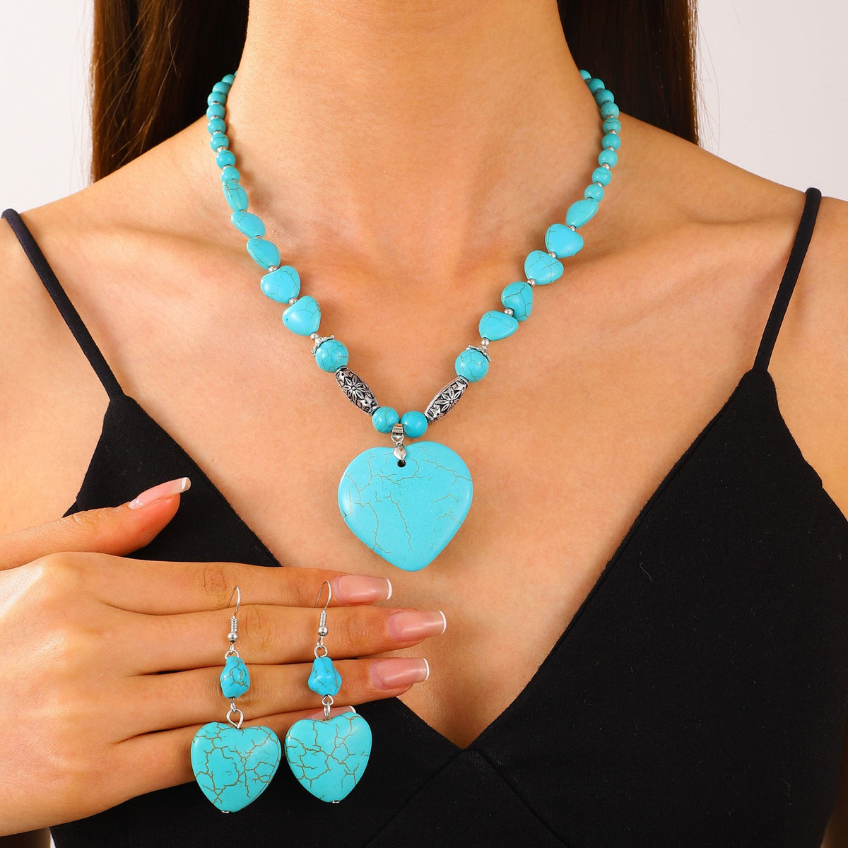 Boho Turquoise Heart Necklace and Earring Set