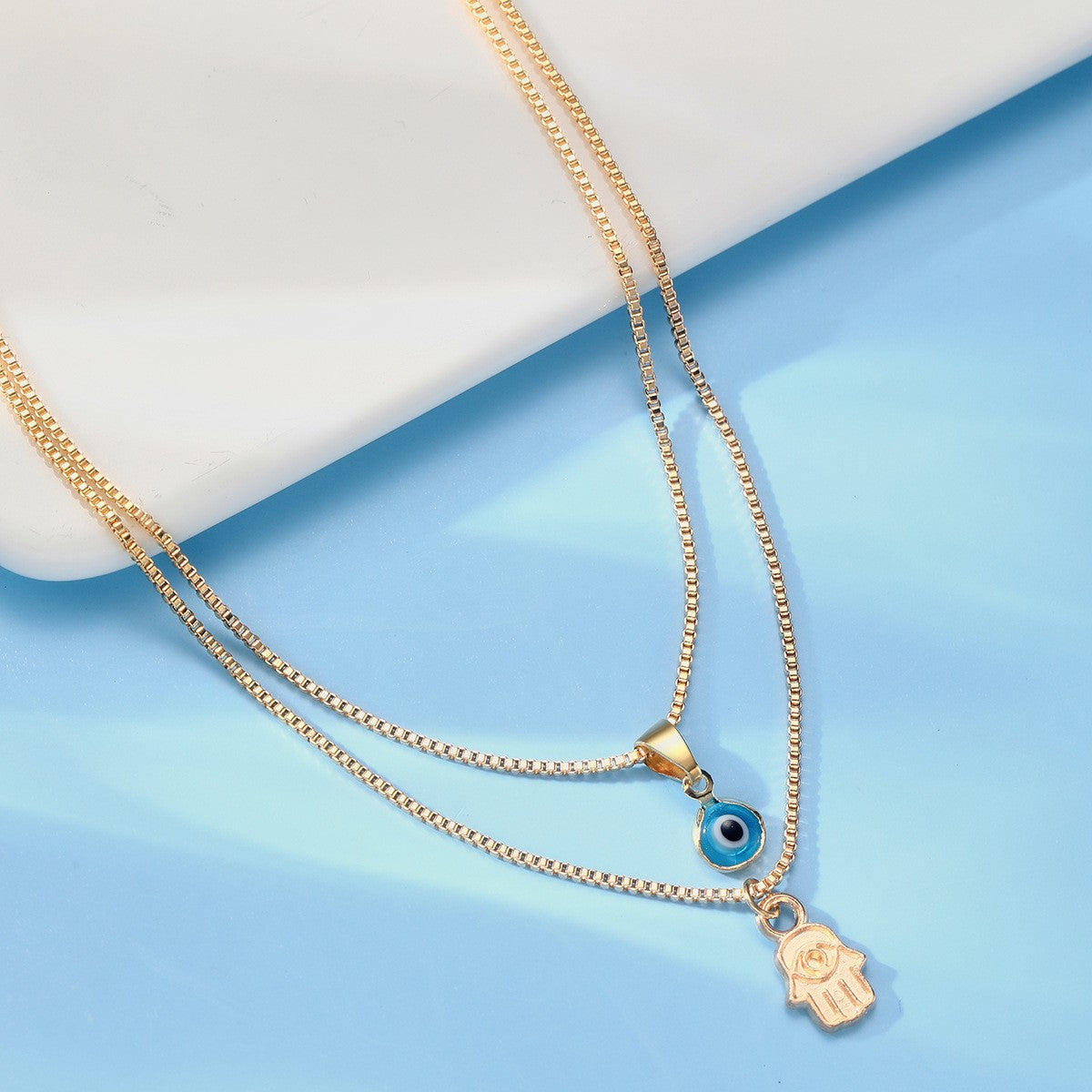 2pc Dainty Evil Eye & Hamsa Necklace Set