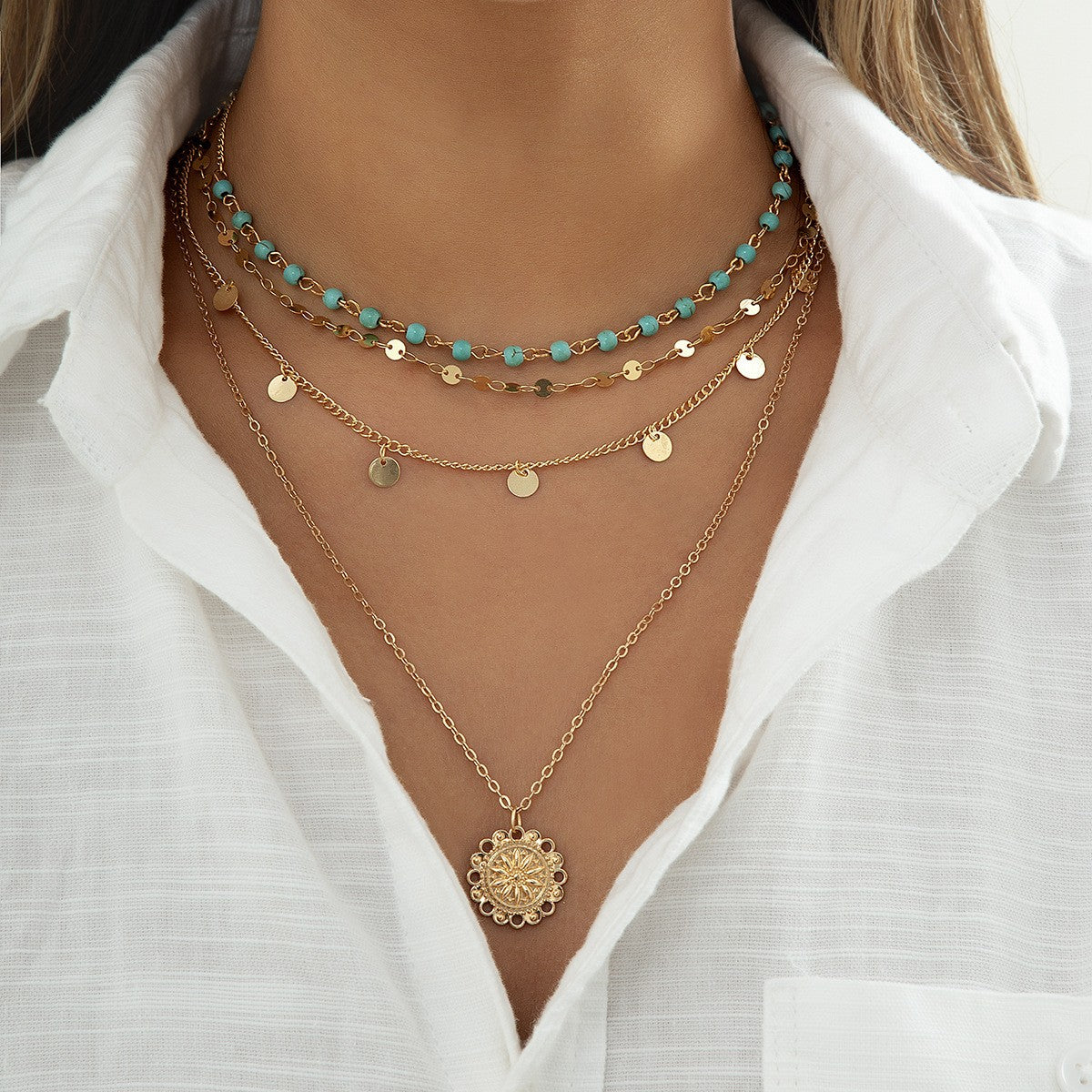 Boho Layered Turquoise Bead & Disc Necklace