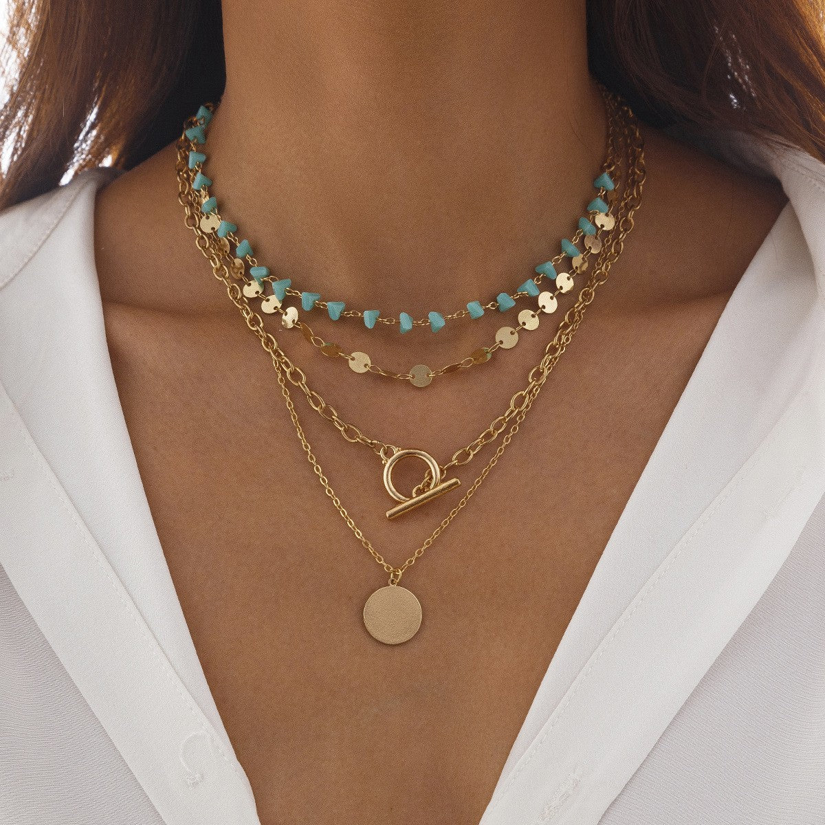 Boho Layered Turquoise Bead & Disc Necklace