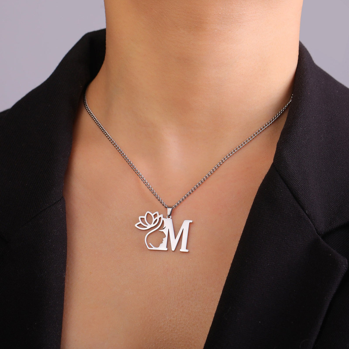 Dainty Lotus Initial Letter Necklace