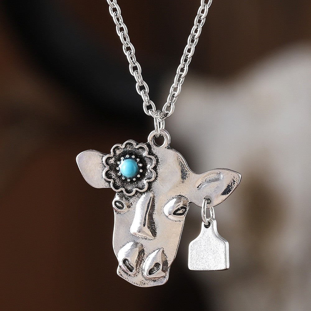 Vintage Turquoise Cow Head Necklace