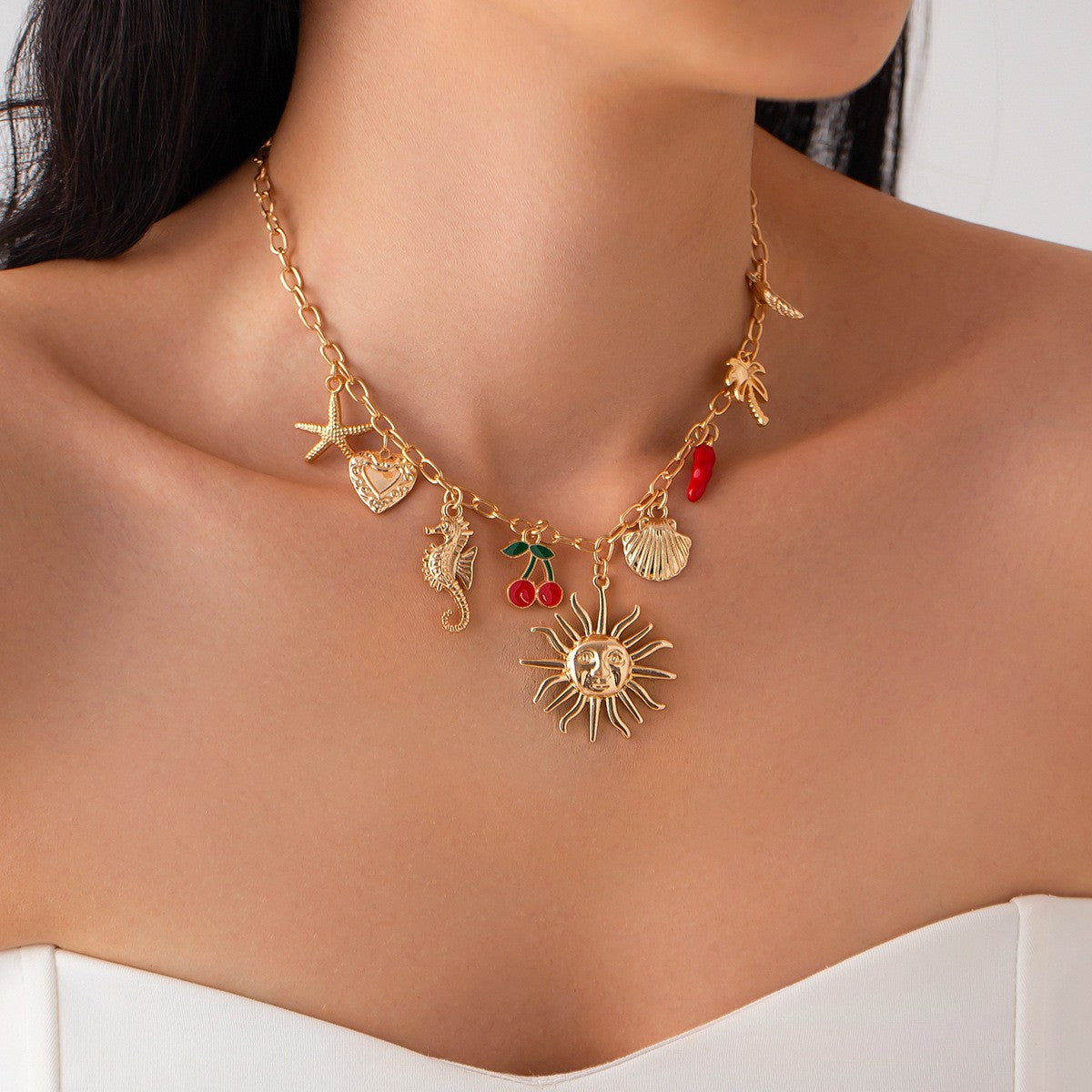 Boho Layered Strawberry & Shell Charm Necklace