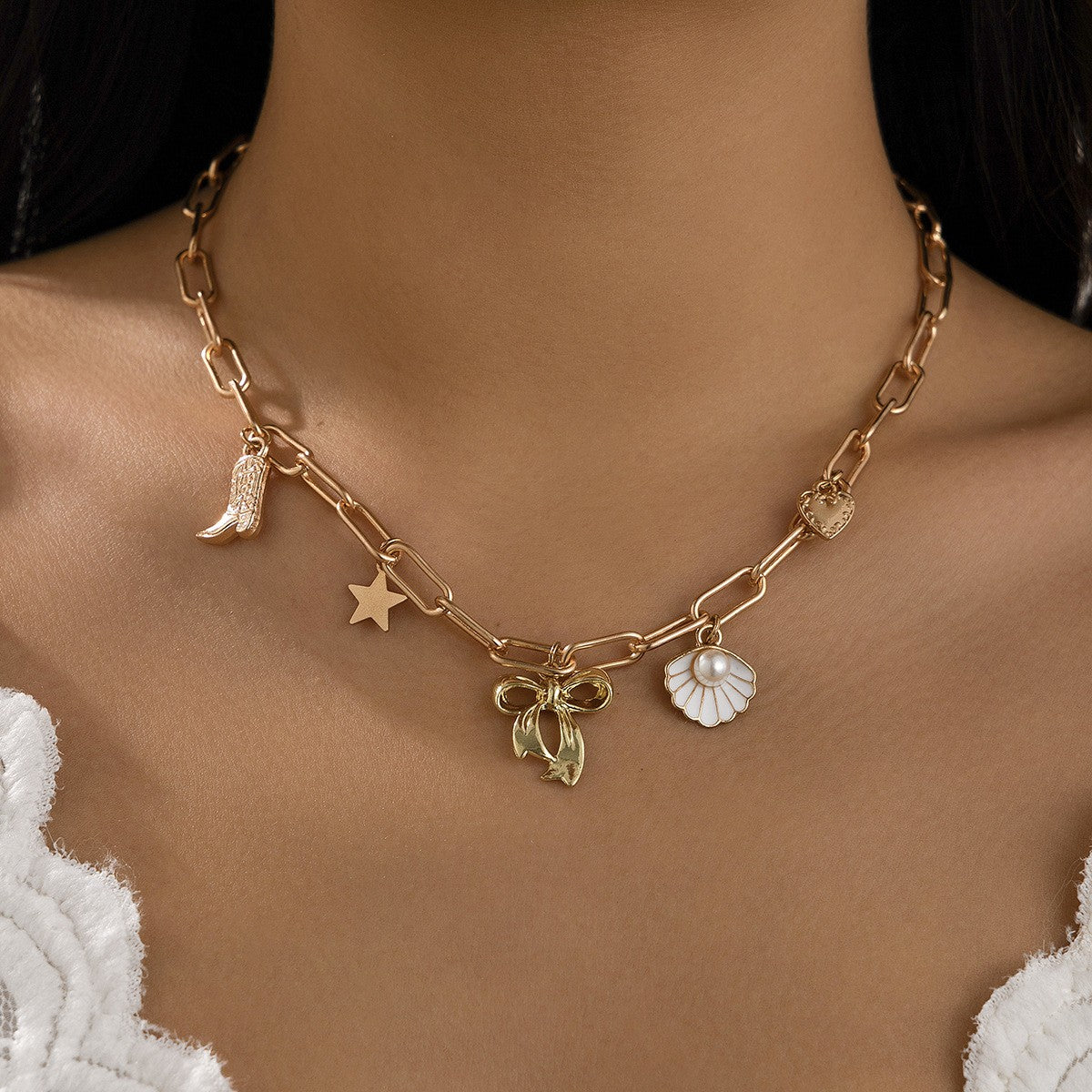 Boho Layered Strawberry & Shell Charm Necklace