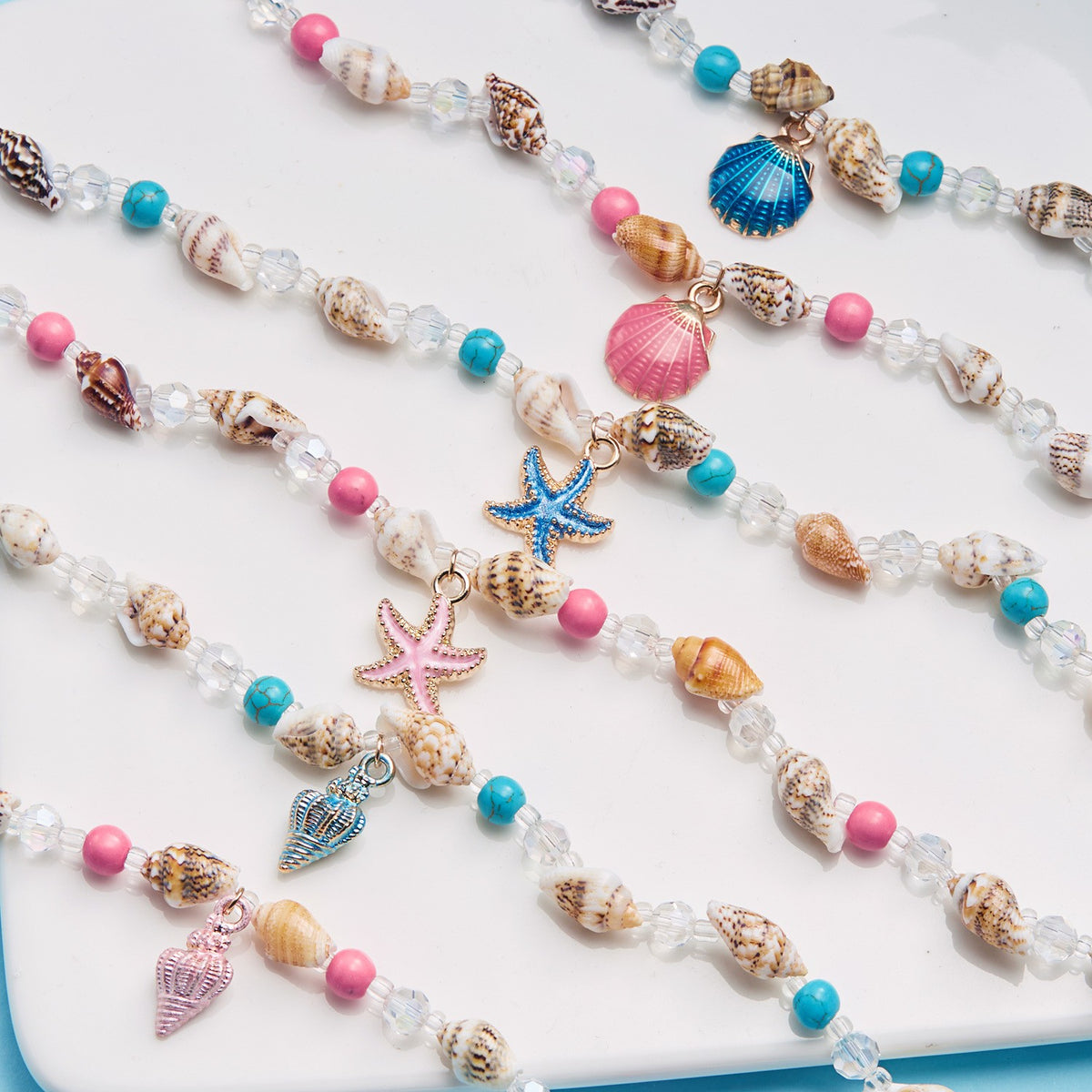 Boho Blue Starfish Shell Necklace Bracelet Set