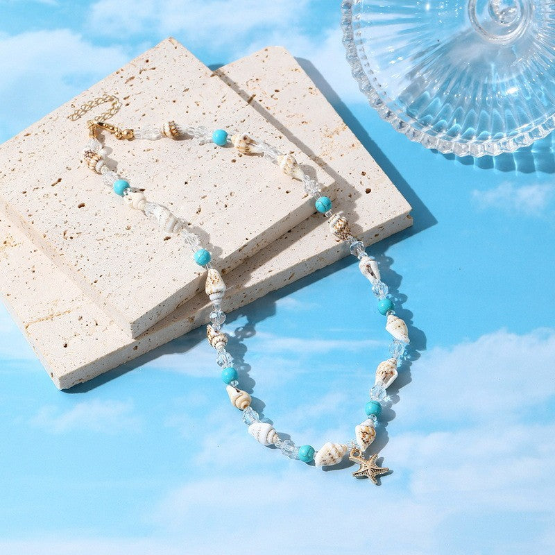 Boho Blue Starfish Shell Necklace Bracelet Set