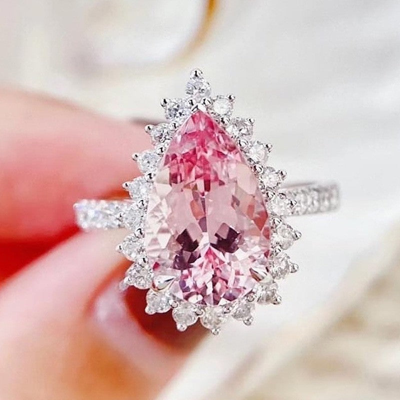 Romantic Pink Pear Cut Halo Ring