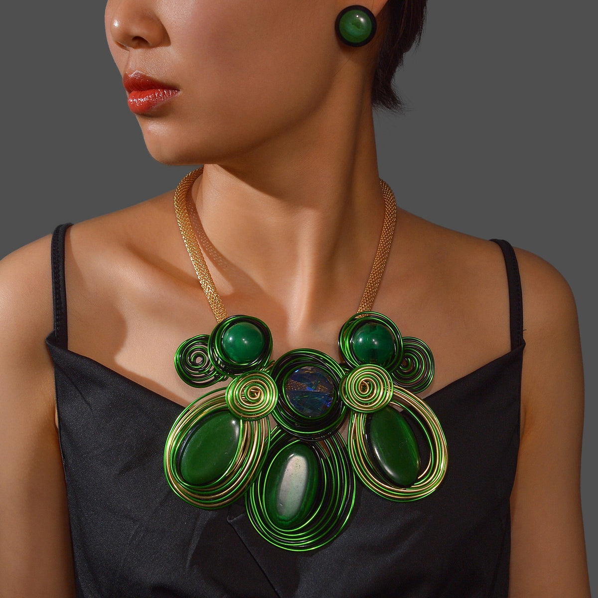 Classy Blue Wire Wrapped Spiral Necklace & Earring Set