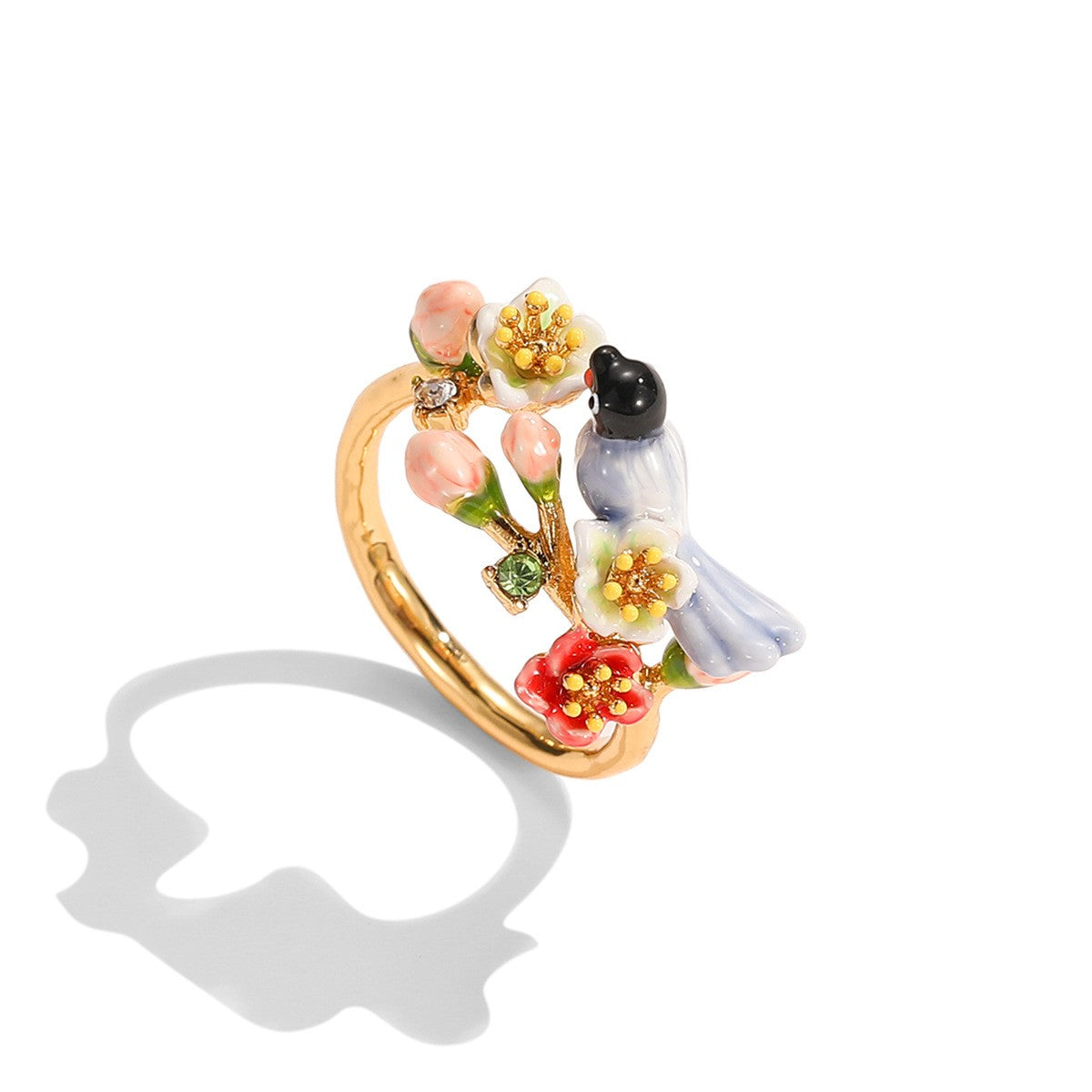 Romantic Enamel Bird Floral Ring