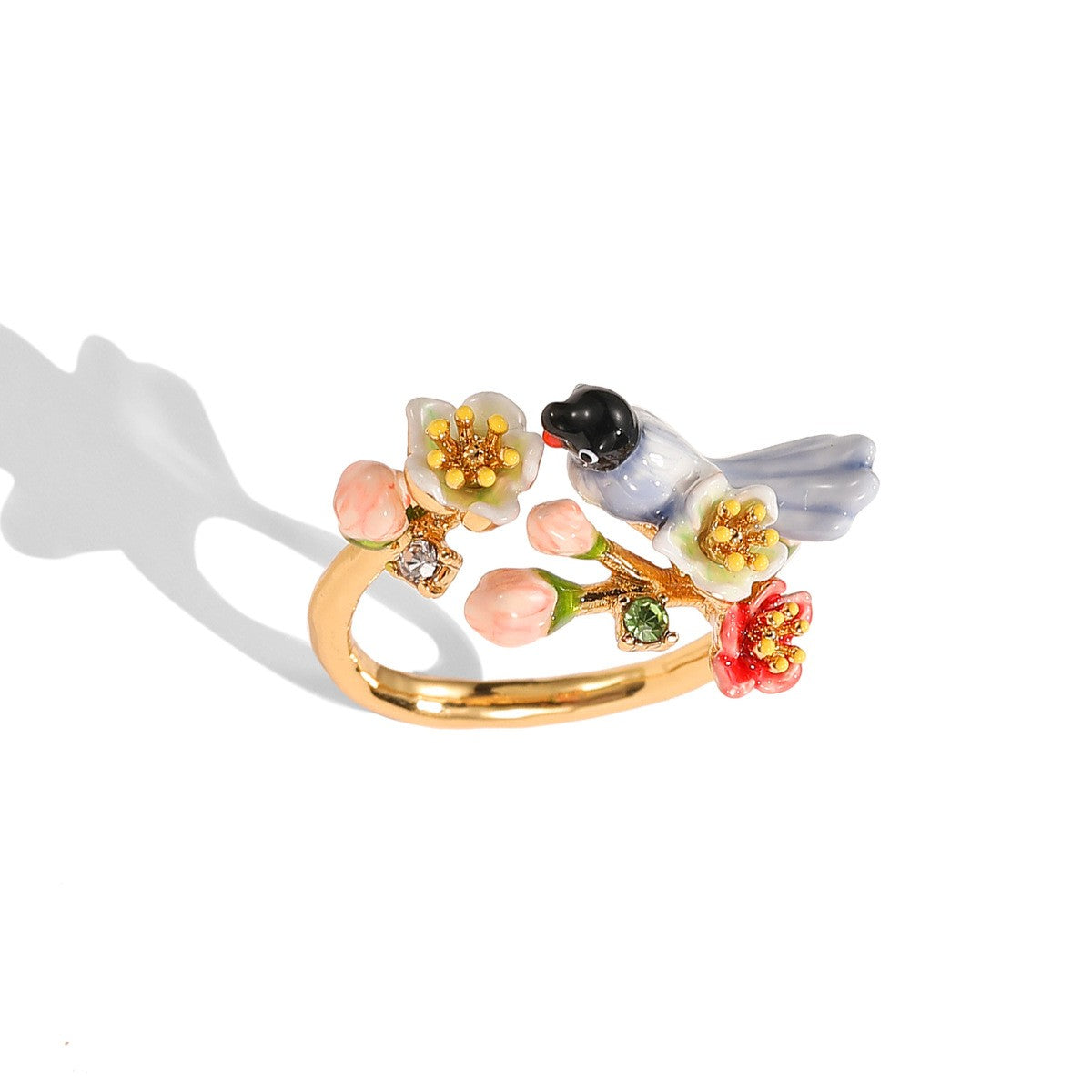 Romantic Enamel Bird Floral Ring