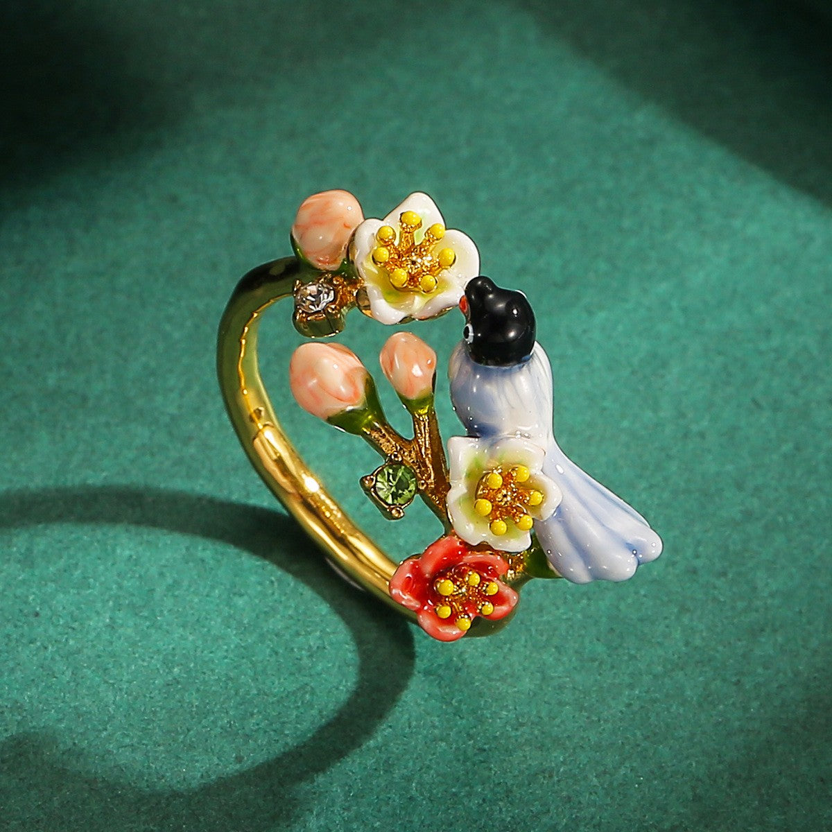 Romantic Enamel Bird Floral Ring