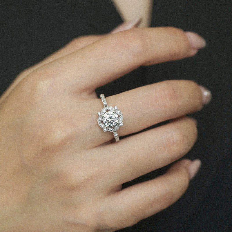Romantic Floral Halo Solitaire Ring