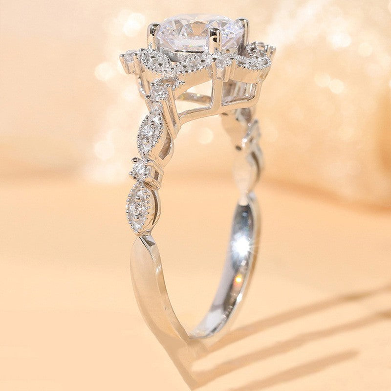 Romantic Floral Halo Solitaire Ring