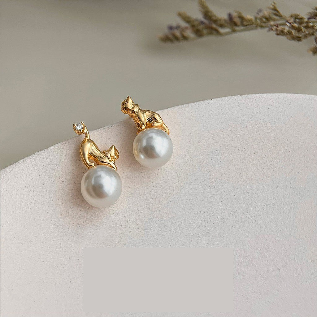 Dainty Cat Pearl Stud Earrings